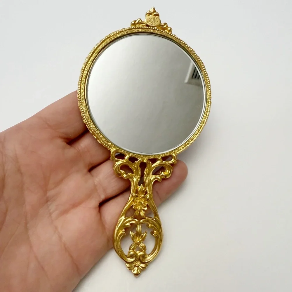 Kirks Folly Clear Rhinestone Crystal Jeweled Golden Small Vanity Hand Mirror